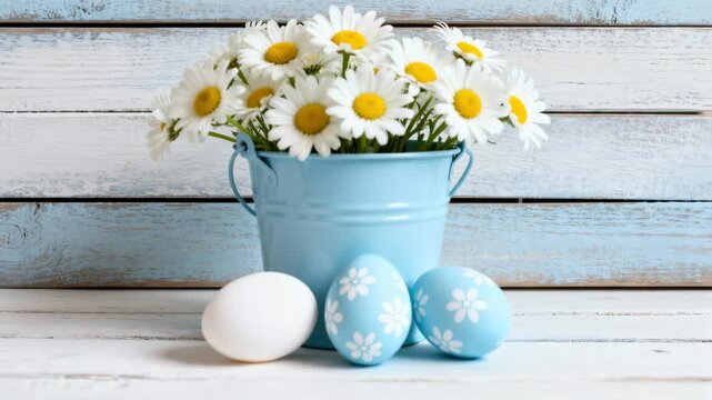 White daisies in a blue bucket arranged with two painted Easter eggs and one plain egg on a weathered wooden table, offering rustic styling and soft natural light with empty background space available