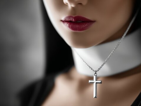 Woman with red lipstick wearing nun habit and cross