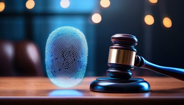 digital fingerprint beside a gavel on a desk conveying legal authentication electronic signatures forensics compliance and accountability in technology driven justice