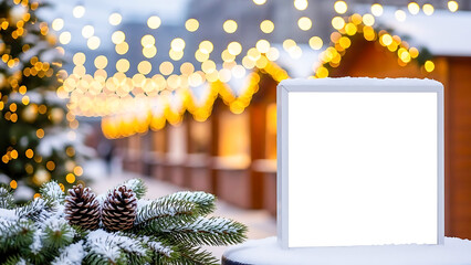 Blank sign on snowy Christmas market with pine cones and lights