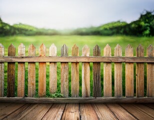 old wooden fence with green natural background rustic boundary line in countryside outdoor garden partition for nature concept