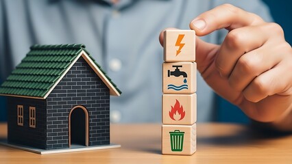 Home energy and utility costs concept with house model and dice