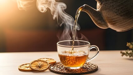 Steaming hot amber tea being poured from a rustic ceramic teapot into a clear glass cup