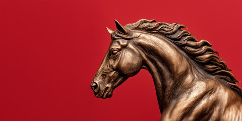 A detailed bronze horse sculpture in profile with flowing mane against a deep red background, highlighting texture and classical elegance.