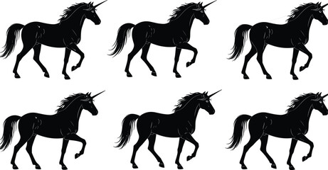 Set of six magical unicorn silhouettes walking in various poses, black vector icons representing fantasy, mythology, dreams, and enchanted creature concepts.