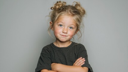 Cute young girl, funny smiling child with messy hair and crossed arms on gray background