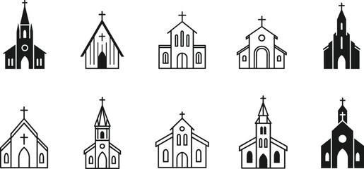 Set of ten vector icons showing various architectural styles of church buildings, chapels, and cathedrals for religious, faith, or worship design, flat illustration