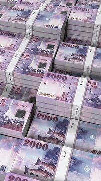 Taiwan 2000 New Taiwan Dollar Banknote Vertical Mobile 3D Animation ? Mobile Money Flow, Finance and Economy Concept, Banking and Currency Exchange Motion
