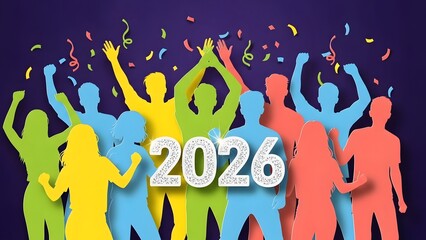 Colorful paper cut silhouettes of a cheering crowd celebrating the arrival of the new year 2026