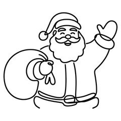 Minimal continuous line art illustration of cheerful Santa Claus waving with gift sack, festive Christmas character design for holiday greeting themes