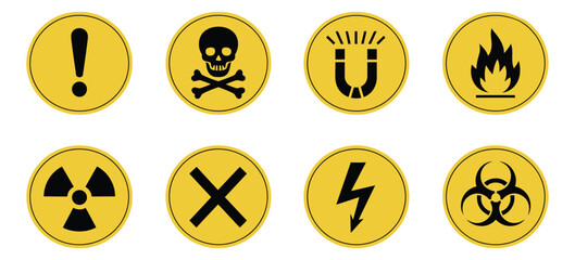Hazard Danger Signs Vector Set Featuring Radiation, High Voltage, Biohazard, Toxic, Flame, Laser, CO2, Magnet, and Caution Symbols for Safety Warning Designs