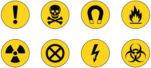Hazard Danger Signs Vector Set Featuring Radiation, High Voltage, Biohazard, Toxic, Flame, Laser, CO2, Magnet, and Caution Symbols for Safety Warning Designs