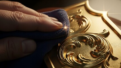 A close up of skilled hand polishing intricate golden shield design with cloth