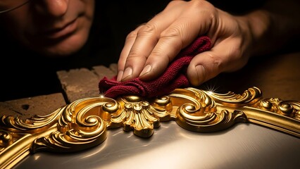A close up of skilled jeweler polishing shiny golden ornate frame with cloth