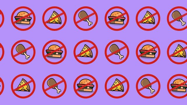 Seamless pattern of prohibited foods in a tile background animation. Repeating wallpaper with pizza, hamburger, and chicken icons. Diet restriction and healthy eating symbols. Junk food warning sign.