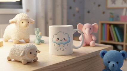 White mug with smiling cloud and raindrops surrounded by stuffed animals