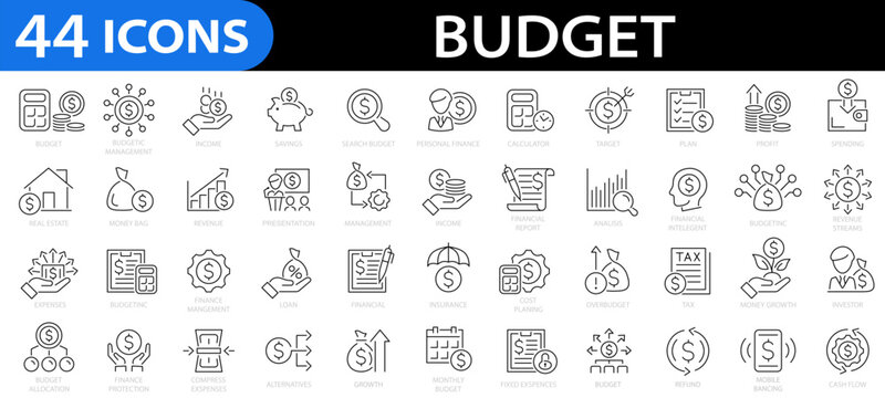 Budget line icon set. Accounting, bookkeeping, distribution, banking, business, expense, money management, spending, income, profit, investment and more. Editable icons. Vector illustration
