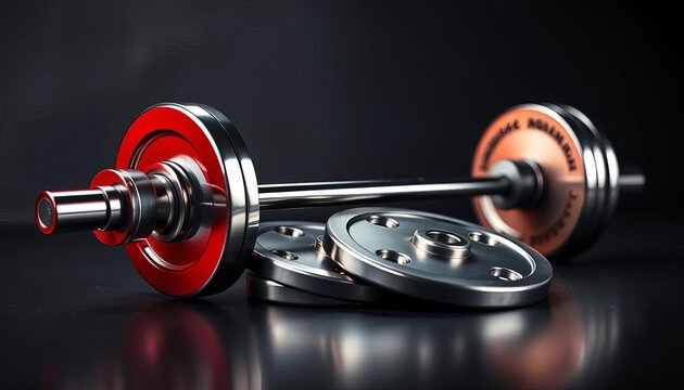 Chrome weight set with multiple plates and a barbell resting on a dark surface , strength, gym - Powered by Adobe