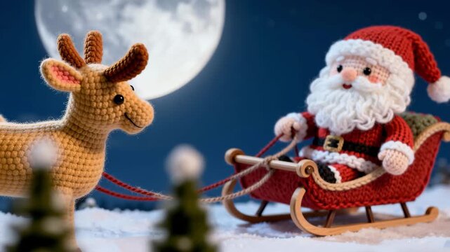Cute knitted Santa Claus toy riding a red knitted sleigh with a reindeer on a snowy surface against a magical night sky with a full moon, creating a charming, handcrafted Christmas scene