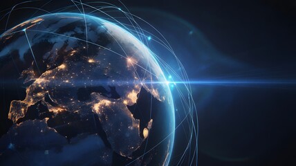 Global network connectivity over earth, illuminated city lights at night