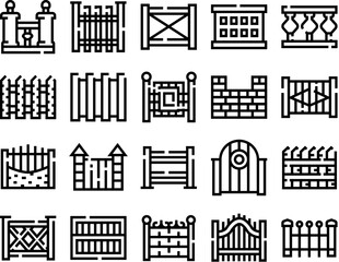 Obraz premium Fences and gates line icons collection representing boundaries