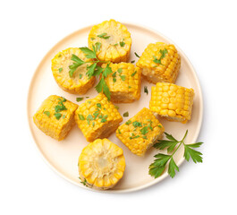 Pieces of boiled corncobs with parsley isolated on white, top view