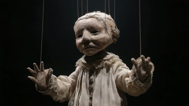 Intricate Wooden Puppet with Distinct Features Captivatingly Suspended by Strings Against a Dark Background 4k video footage