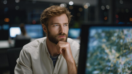 A cybersecurity expert analyzing real-time threat maps in a dim command center, instantly recognizing suspicious patterns and deploying countermeasures with practiced efficiency. cinematic color