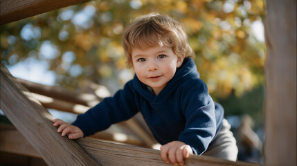 A toddler learning to climb a small wooden play structure at the park, gripping each rung with cautious excitement while the sun glows through autumn leaves — physical development, outdoor