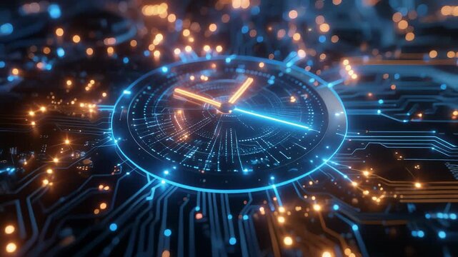 Futuristic Digital Clock Integrated with Glowing Circuit Board.