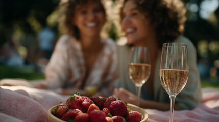 A stress-free picnic in a quiet park, pastel blanket laid out with fresh fruit, sparkling water, and laughter shared under shade trees — nature therapy, outdoor leisure, and relaxed social moments.