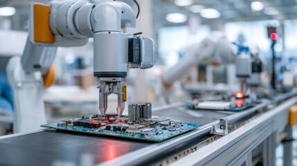 Fototapeta premium Robotic grippers assembling advanced electronic circuit boards on a cleanroom conveyor, showcasing automation and high-tech industrial technology
