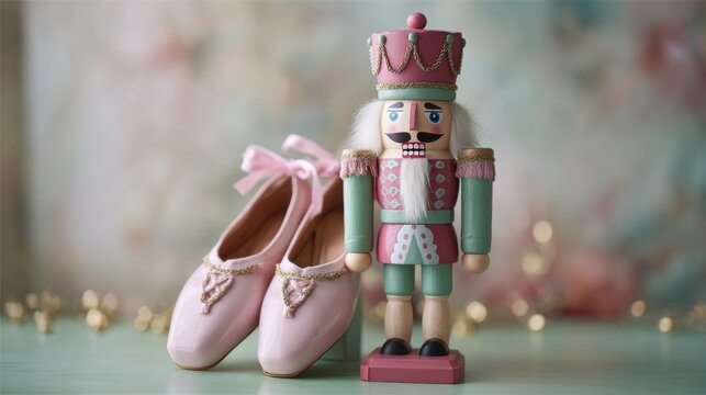 A classic nutcracker toy with teal details stands next to pink ballet slippers on a smooth pastel green surface