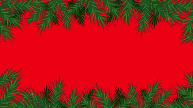 red christmas background Seamlessly looping Christmas frame animation featuring lush green pine branches with red berries bordering a vibrant, solid red background. Perfect for holiday text overlays 