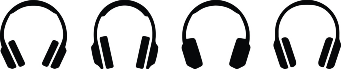 headphone, music, communication, background., black, each, device, simple, portable, icons, headphones, earphone, electronic, studio, keywords:, headset, accessory, four, category:, symbol