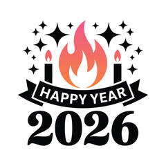 Happy year 2026 celebration logo design with burning candles ribbon banner and stylized sparkling stars