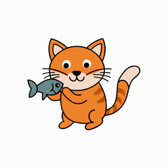 Cute orange tabby cat character holding a small blue fish illustration
