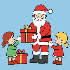 Santa claus giving presents to two happy children on a blue background