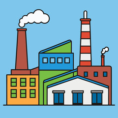 Obraz premium Colorful cartoon factory buildings with smokestacks emitting white clouds