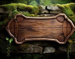 rustic wooden sign on moss covered stone wall perfect for nature inspired branding and design