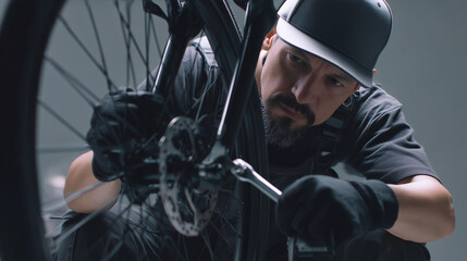 Caucasian middle aged man repairing bicycle wheel in workshop with focused expression wearing black cap and gloves on gray background
