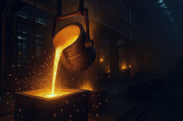 Molten metal being poured from a ladle into molds in an industrial foundry at night, sparks flying in a dark atmospheric factory setting