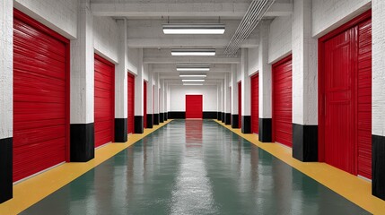 Storage facility corridor featuring multiple red garage doors, polished concrete floor reflecting light, creating a spacious and organized environment for secure storage solutions