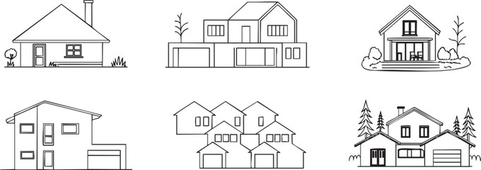 Obraz premium Detailed architectural collection of various modern and traditional residential houses line art icons displaying home types