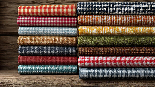 A stack of colorful fabric rolls arranged neatly, with a textured wooden surface as a backdrop. The fabrics feature various plaid patterns.