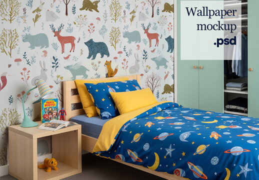 Kids bedroom wallpaper design mockup