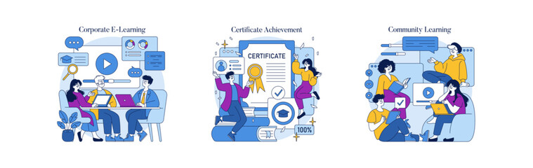 Digital Learning and Certification Vector Illustration Set