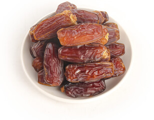 Bowl of Golden Brown Dried Dates Fruit on White Background - Healthy Natural Snack Food