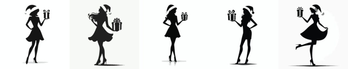 vector silhouette full body of a woman stand carrying a Christmas gift