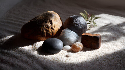 A serene arrangement of various stones on a sandy surface, illuminated by soft light, creating a calming natural aesthetic.